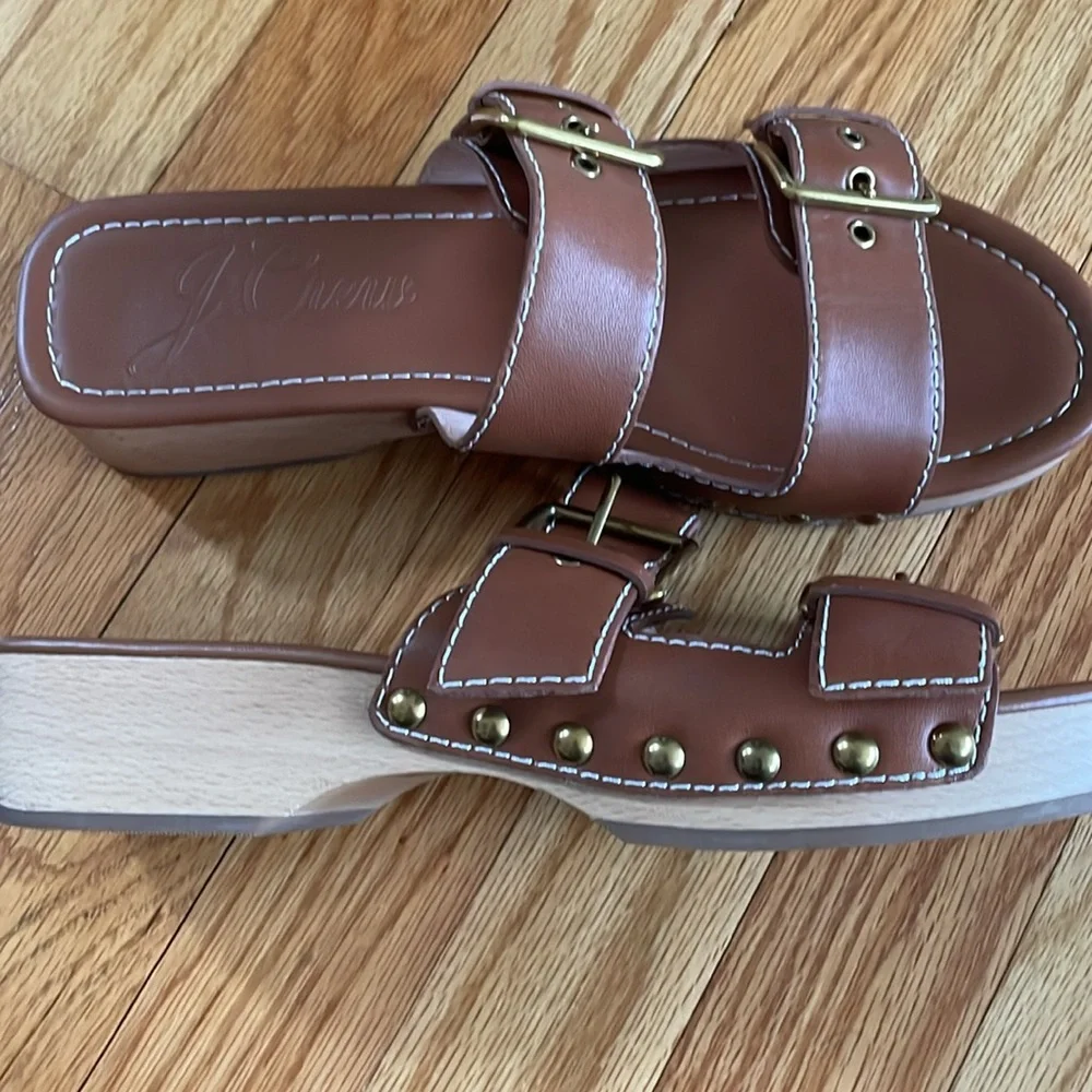 J Crew‎ Leather Double Buckle-Strap Wood Heel Retro Sandals
